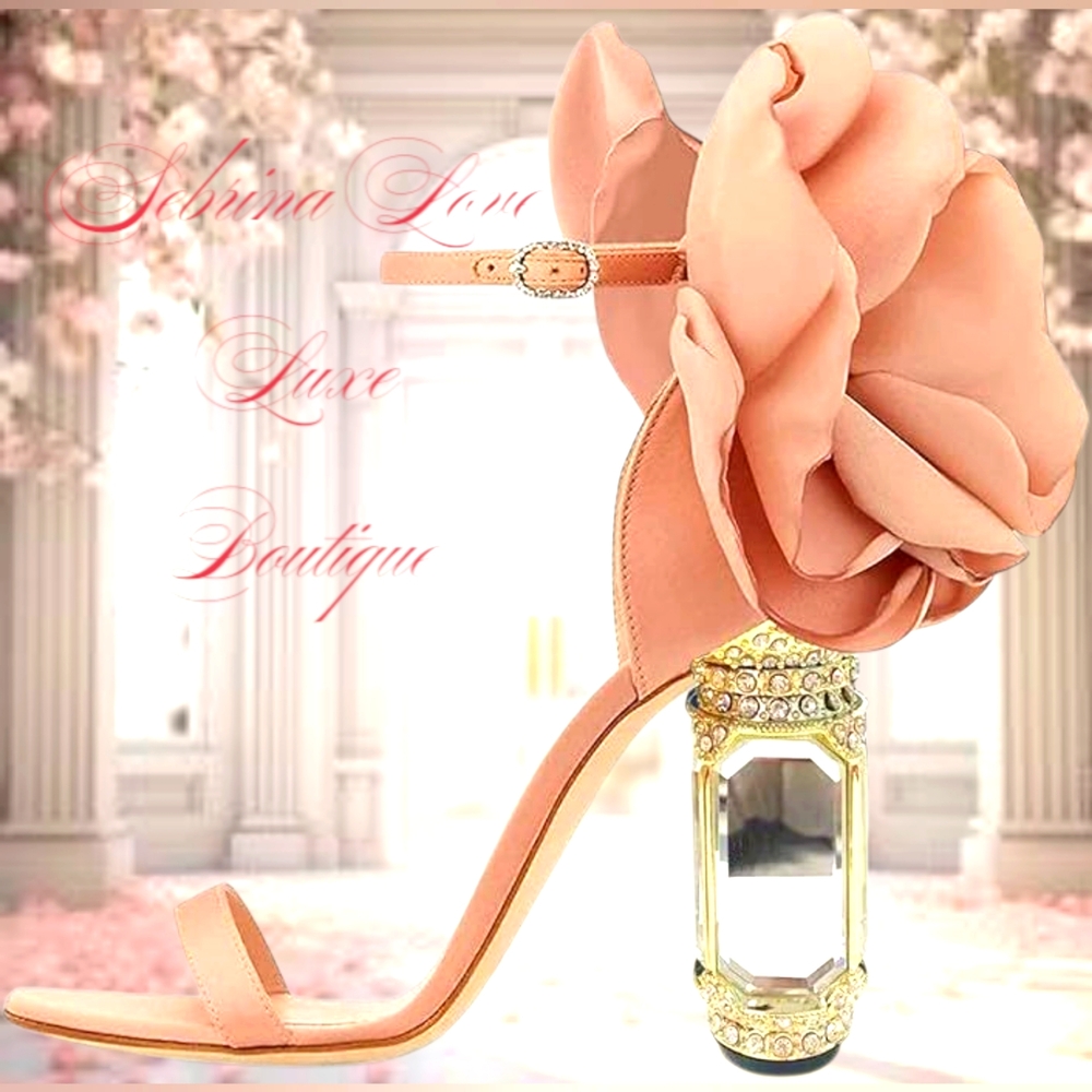 Elegant Blush Heels with Gold Accents and Floral Design